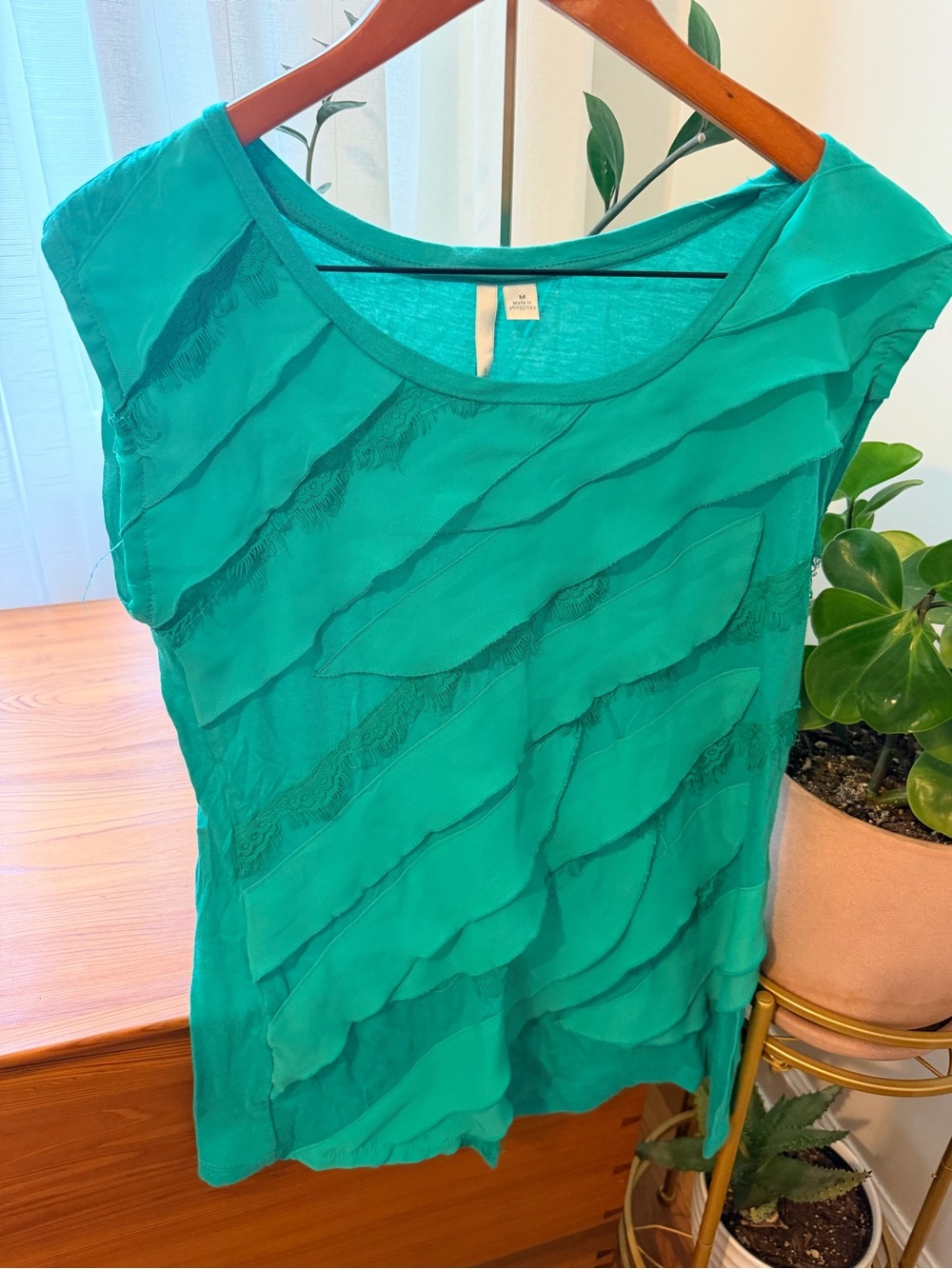 Lauren Conrad Women’s Teal Layered Ruffle and Lace Cotton Modal Tank